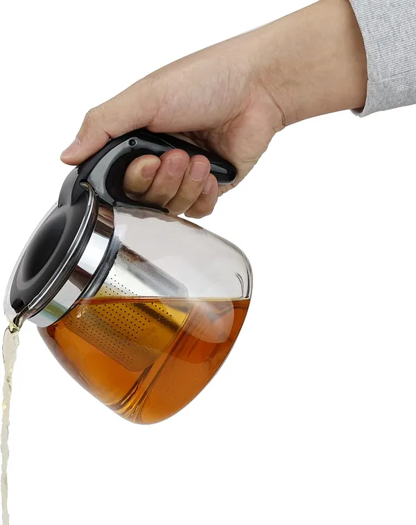 KELVEE_Borosilicate_Round_Glass_Tea_Pot_with_Heat_Resistant_Stainless_Steel_Infuser_Perfect_for_Tea_and_Coffee_Maker,_Clear_Glass_Kettle_(TEAPOT_with_Black_Handle)