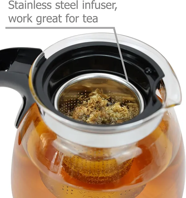 KELVEE_Borosilicate_Round_Glass_Tea_Pot_with_Heat_Resistant_Stainless_Steel_Infuser_Perfect_for_Tea_and_Coffee_Maker,_Clear_Glass_Kettle_(TEAPOT_with_Black_Handle)