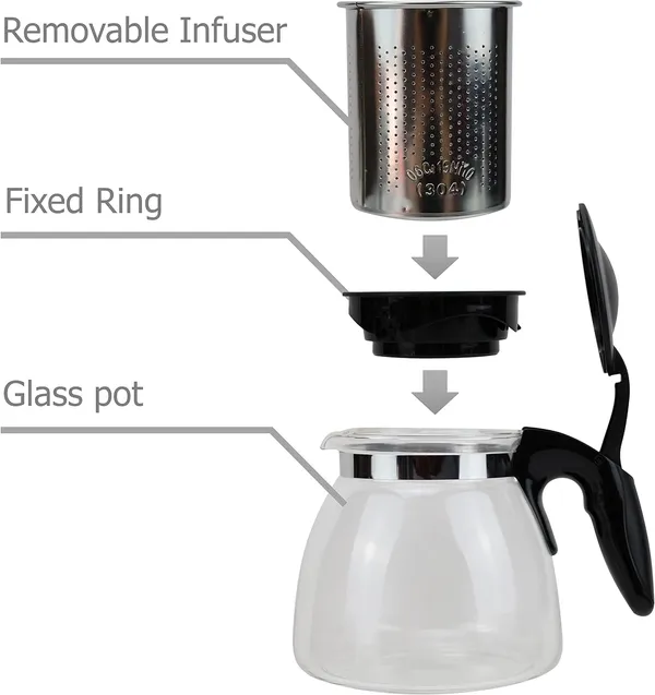 KELVEE_Borosilicate_Round_Glass_Tea_Pot_with_Heat_Resistant_Stainless_Steel_Infuser_Perfect_for_Tea_and_Coffee_Maker,_Clear_Glass_Kettle_(TEAPOT_with_Black_Handle)
