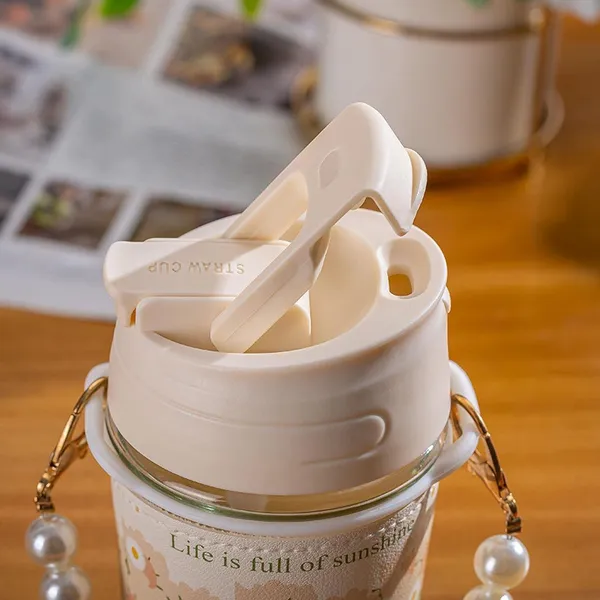 KELVEE_Glass_Coffee_Mugs_with_Pearl_Chain_Belt_&_Sleeve_Pack_of_1,Reusable_Travel_Sipper_With_Double_Drink_Straw_And_Lids,Kids_Girls_Tumbler_for_Juice_Smoothies_Milk_Cups