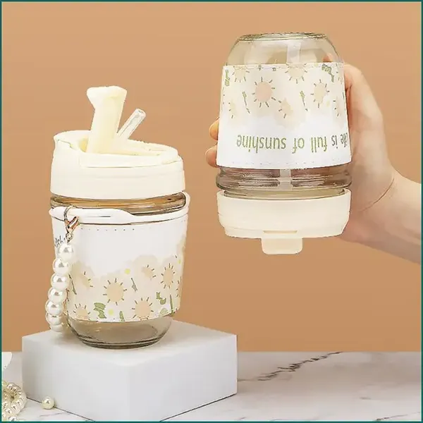 KELVEE_Glass_Coffee_Mugs_with_Pearl_Chain_Belt_&_Sleeve_Pack_of_1,Reusable_Travel_Sipper_With_Double_Drink_Straw_And_Lids,Kids_Girls_Tumbler_for_Juice_Smoothies_Milk_Cups