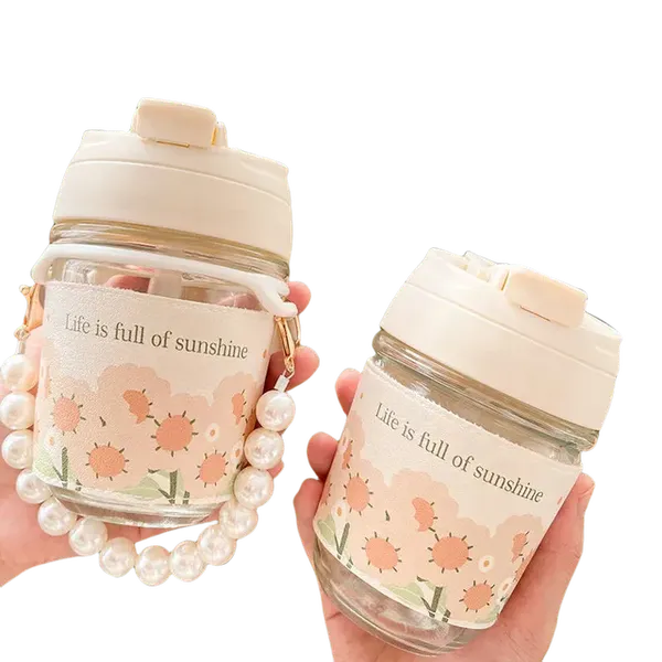 KELVEE_Glass_Coffee_Mugs_with_Pearl_Chain_Belt_&_Sleeve_Pack_of_1,Reusable_Travel_Sipper_With_Double_Drink_Straw_And_Lids,Kids_Girls_Tumbler_for_Juice_Smoothies_Milk_Cups