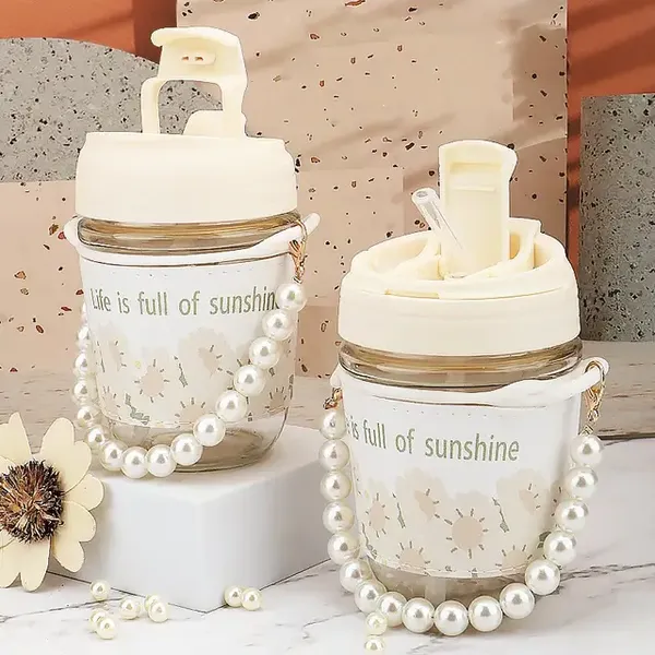 KELVEE_Glass_Coffee_Mugs_with_Pearl_Chain_Belt_&_Sleeve_Pack_of_1,Reusable_Travel_Sipper_With_Double_Drink_Straw_And_Lids,Kids_Girls_Tumbler_for_Juice_Smoothies_Milk_Cups