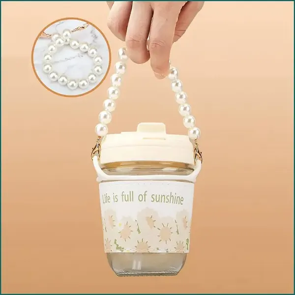 KELVEE_Glass_Coffee_Mugs_with_Pearl_Chain_Belt_&_Sleeve_Pack_of_1,Reusable_Travel_Sipper_With_Double_Drink_Straw_And_Lids,Kids_Girls_Tumbler_for_Juice_Smoothies_Milk_Cups