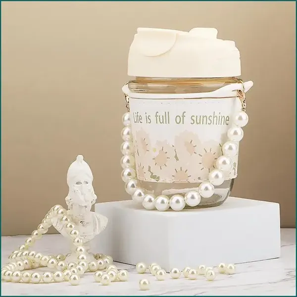 KELVEE_Glass_Coffee_Mugs_with_Pearl_Chain_Belt_&_Sleeve_Pack_of_1,Reusable_Travel_Sipper_With_Double_Drink_Straw_And_Lids,Kids_Girls_Tumbler_for_Juice_Smoothies_Milk_Cups