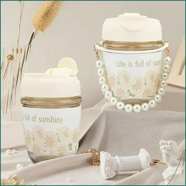 KELVEE_Glass_Coffee_Mugs_with_Pearl_Chain_Belt_&_Sleeve_Pack_of_1,Reusable_Travel_Sipper_With_Double_Drink_Straw_And_Lids,Kids_Girls_Tumbler_for_Juice_Smoothies_Milk_Cups
