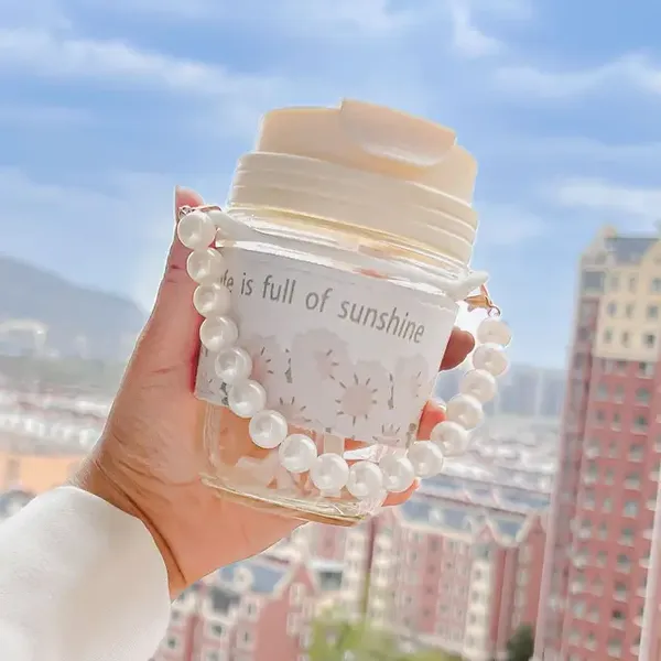 KELVEE_Glass_Coffee_Mugs_with_Pearl_Chain_Belt_&_Sleeve_Pack_of_1,Reusable_Travel_Sipper_With_Double_Drink_Straw_And_Lids,Kids_Girls_Tumbler_for_Juice_Smoothies_Milk_Cups