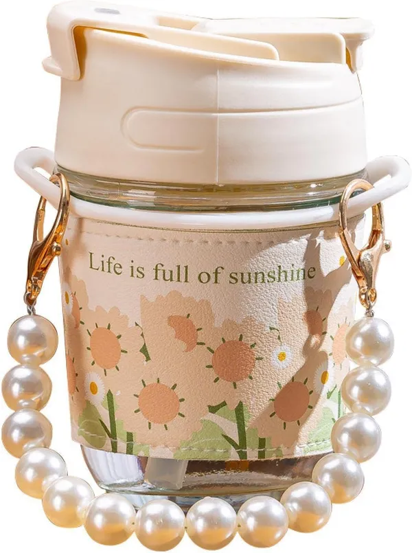 KELVEE_Glass_Coffee_Mugs_with_Pearl_Chain_Belt_&_Sleeve_Pack_of_1,Reusable_Travel_Sipper_With_Double_Drink_Straw_And_Lids,Kids_Girls_Tumbler_for_Juice_Smoothies_Milk_Cups