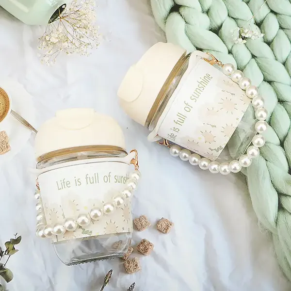 KELVEE_Glass_Coffee_Mugs_with_Pearl_Chain_Belt_&_Sleeve_Pack_of_1,Reusable_Travel_Sipper_With_Double_Drink_Straw_And_Lids,Kids_Girls_Tumbler_for_Juice_Smoothies_Milk_Cups