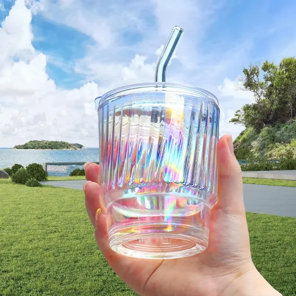 KELVEE_Glass_Tumblers_with_Straws_and_Lids,_Aesthetic_Coffee_Sipper_Mug_with_Wide_Mouth,Rainbow_Glass_Drinking_Mason_for_Iced_Tea,_Juice,_Cocktail,_Cold_&_Hot_Beverages_Cups_Pack_of_1
