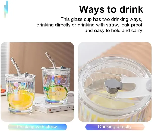 KELVEE_Glass_Tumblers_with_Straws_and_Lids,_Aesthetic_Coffee_Sipper_Mug_with_Wide_Mouth,Rainbow_Glass_Drinking_Mason_for_Iced_Tea,_Juice,_Cocktail,_Cold_&_Hot_Beverages_Cups_Pack_of_1