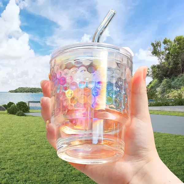 KELVEE_Glass_Tumblers_with_Straws_and_Lids,_Aesthetic_Coffee_Sipper_Mug_with_Wide_Mouth,Rainbow_Glass_Drinking_Mason_for_Iced_Tea,_Juice,_Cocktail,_Cold_&_Hot_Beverages_Cups_Pack_of_1