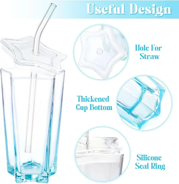 KELVEE_Glass_Water_Tumbler_with_Lid_and_Straw_300ml_Set_of_1,_Drinking_Cup_Cute_Pentagram_Design_Color_Glass_Coffee_Sipper_Mug_for_Smoothie_Soda_Ice_Tea