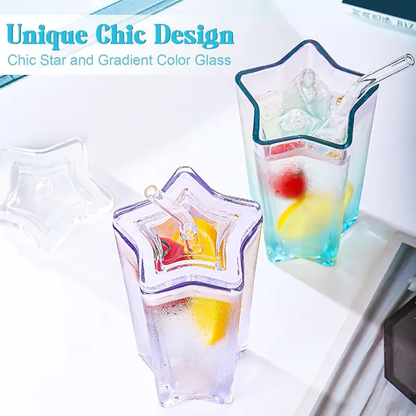 KELVEE_Glass_Water_Tumbler_with_Lid_and_Straw_300ml_Set_of_1,_Drinking_Cup_Cute_Pentagram_Design_Color_Glass_Coffee_Sipper_Mug_for_Smoothie_Soda_Ice_Tea
