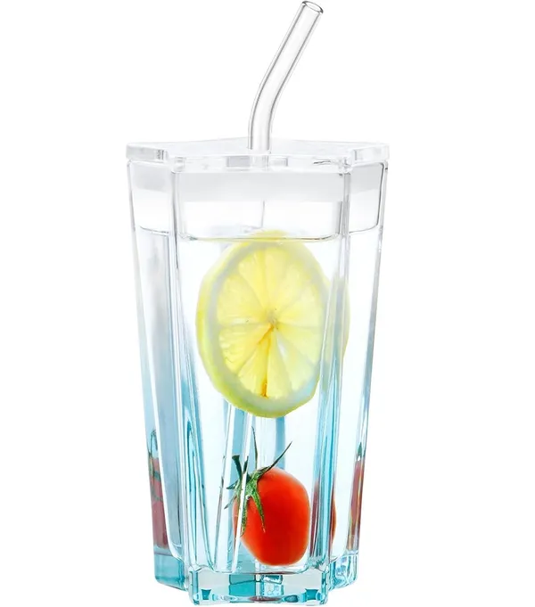 KELVEE_Glass_Water_Tumbler_with_Lid_and_Straw_300ml_Set_of_1,_Drinking_Cup_Cute_Pentagram_Design_Color_Glass_Coffee_Sipper_Mug_for_Smoothie_Soda_Ice_Tea