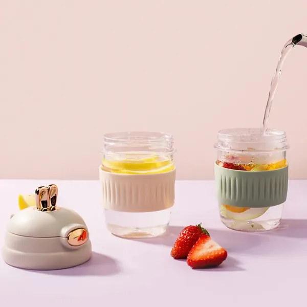 KELVEE_Reusable_Glass_Coffee_Mugs_with_Lids_and_Straw_Pack_of_1,400ml_Anti-Slip_Silicone_Grip_Tumbler_for_Juice,_Smoothies,Home_&_Travel_Sipper_Cup_Multicolor