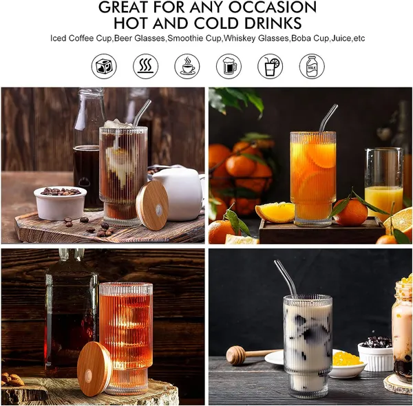 KELVEE_Ribbed_Glass_Coffee_Sipper_with_Wooden_Lid_and_Straw_Pack_of_2,Multipurpose_Drinking_Tumbler_for_Juice_Soda_Smoothies_Cocktail_Home_&_Travel_Mugs