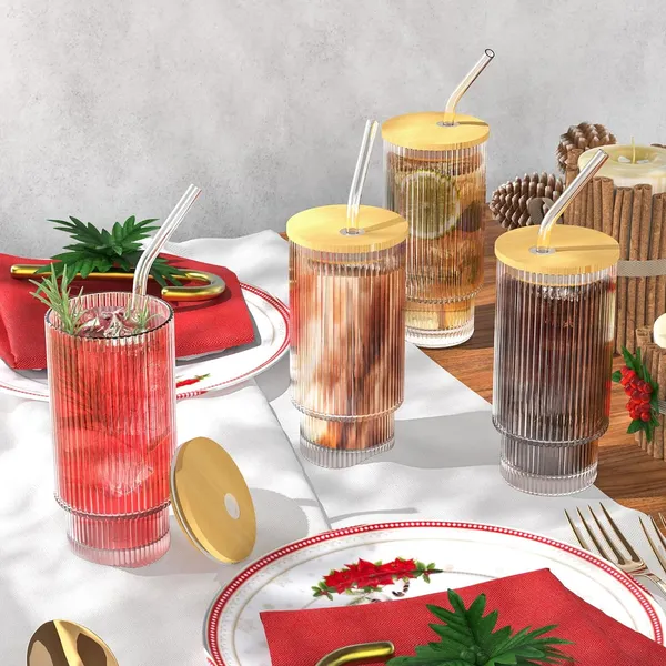 KELVEE_Ribbed_Glass_Coffee_Sipper_with_Wooden_Lid_and_Straw_Pack_of_2,Multipurpose_Drinking_Tumbler_for_Juice_Soda_Smoothies_Cocktail_Home_&_Travel_Mugs