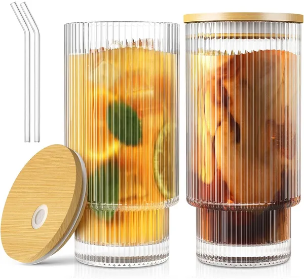 KELVEE_Ribbed_Glass_Coffee_Sipper_with_Wooden_Lid_and_Straw_Pack_of_2,Multipurpose_Drinking_Tumbler_for_Juice_Soda_Smoothies_Cocktail_Home_&_Travel_Mugs