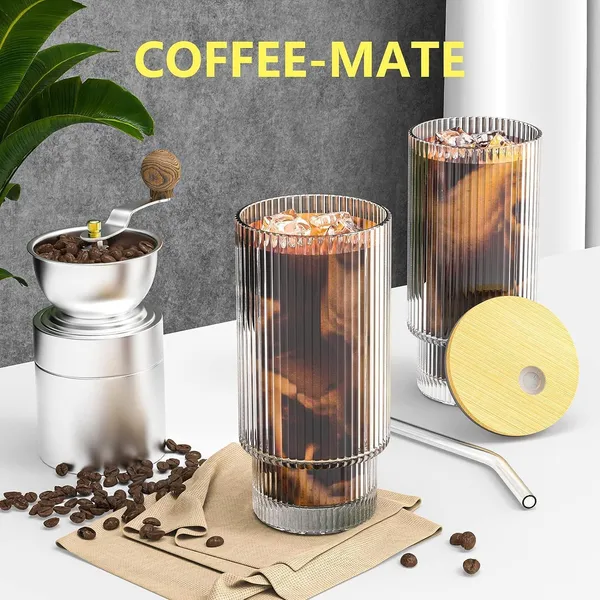 KELVEE_Ribbed_Glass_Coffee_Sipper_with_Wooden_Lid_and_Straw_Pack_of_2,Multipurpose_Drinking_Tumbler_for_Juice_Soda_Smoothies_Cocktail_Home_&_Travel_Mugs