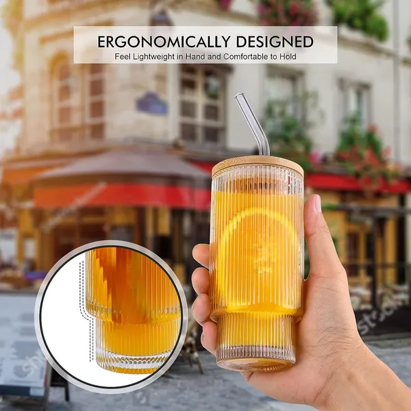 KELVEE_Ribbed_Glass_Coffee_Sipper_with_Wooden_Lid_and_Straw_Pack_of_2,Multipurpose_Drinking_Tumbler_for_Juice_Soda_Smoothies_Cocktail_Home_&_Travel_Mugs