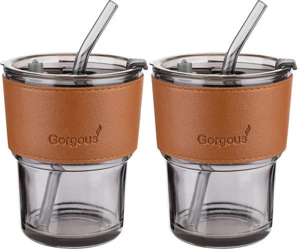 Glass_Reusable_Coffee_Mug_with_Heat_Resistant_Leather_Band_Glass_Tumbler_with_Straw_and_Leakproof_Lid_Drinking_Cup_Set_of_2_for_Coffee,_Tea,_Milk_Hot_&_Cold_Beverages_435ml_(Gray)