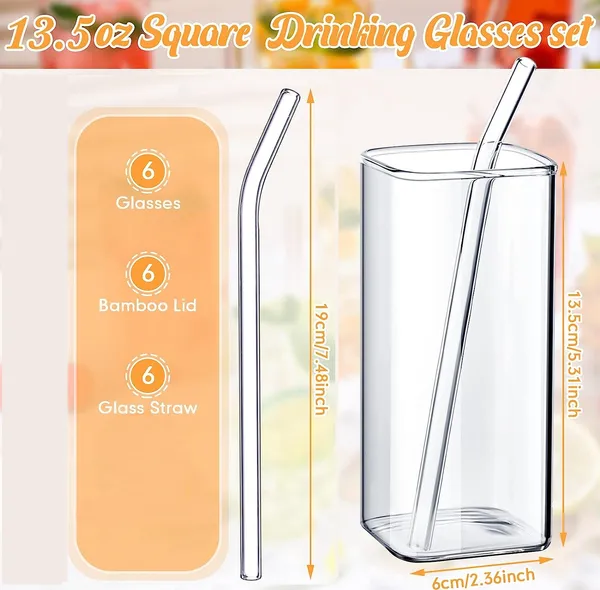 Square_Drinking_Glasses_with_Glass_Straw_Clear_Kelvee_Glassware_Elegant_Bar_Glasses_Highball_Glasses_Tumbler_for_Water,_Wine,_Juice,_Beer,_Cocktail,_Coffee_and_Mixed_Drinks