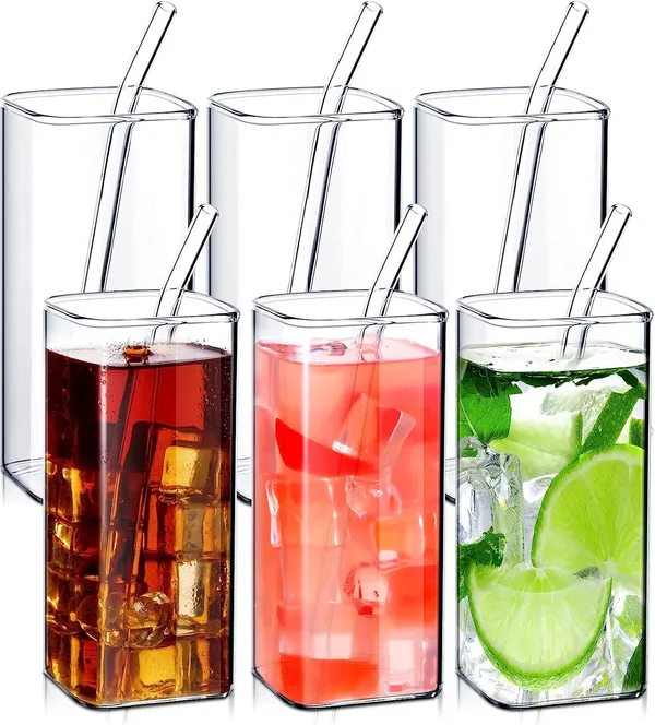 Square_Drinking_Glasses_with_Glass_Straw_Clear_Kelvee_Glassware_Elegant_Bar_Glasses_Highball_Glasses_Tumbler_for_Water,_Wine,_Juice,_Beer,_Cocktail,_Coffee_and_Mixed_Drinks