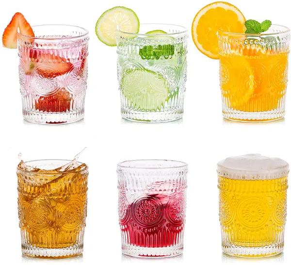 _Glass_Drinking_Cup_Set_of_6,_Embossed_Textured_Designer_Glasses_Perfect_for_Water,Juice,Beer,Beverage,_Vintage_Glass_Tumbler_300ml