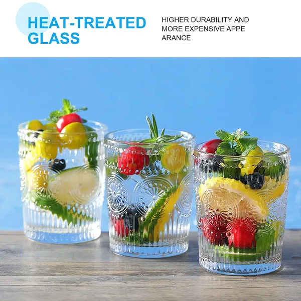_Glass_Drinking_Cup_Set_of_6,_Embossed_Textured_Designer_Glasses_Perfect_for_Water,Juice,Beer,Beverage,_Vintage_Glass_Tumbler_300ml