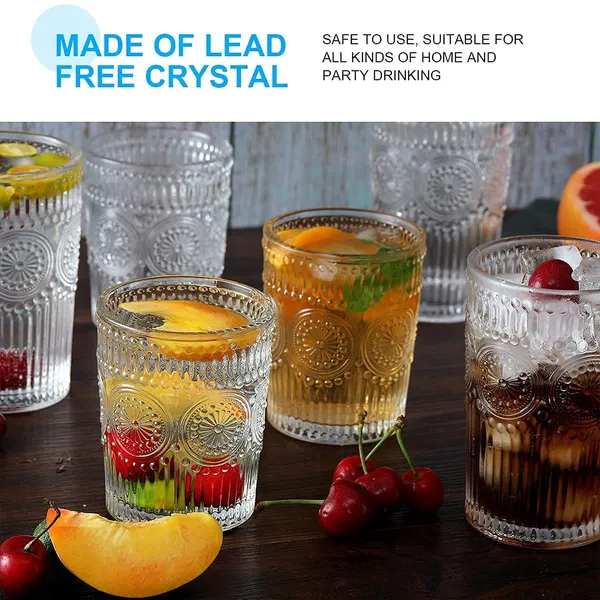 _Glass_Drinking_Cup_Set_of_6,_Embossed_Textured_Designer_Glasses_Perfect_for_Water,Juice,Beer,Beverage,_Vintage_Glass_Tumbler_300ml