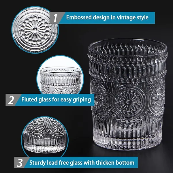 _Glass_Drinking_Cup_Set_of_6,_Embossed_Textured_Designer_Glasses_Perfect_for_Water,Juice,Beer,Beverage,_Vintage_Glass_Tumbler_300ml