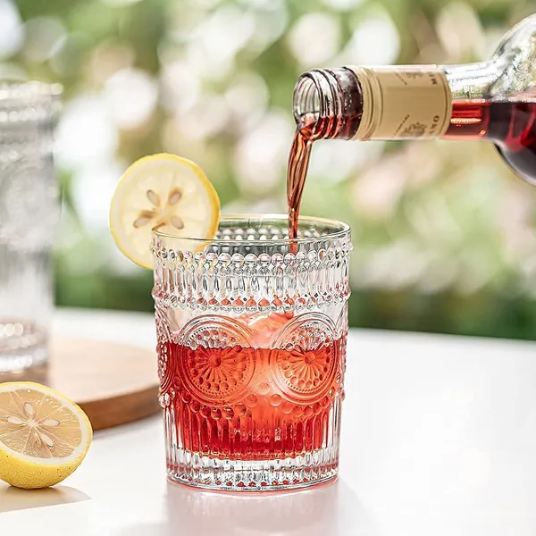 _Glass_Drinking_Cup_Set_of_6,_Embossed_Textured_Designer_Glasses_Perfect_for_Water,Juice,Beer,Beverage,_Vintage_Glass_Tumbler_300ml