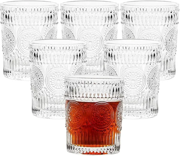 _Glass_Drinking_Cup_Set_of_6,_Embossed_Textured_Designer_Glasses_Perfect_for_Water,Juice,Beer,Beverage,_Vintage_Glass_Tumbler_300ml