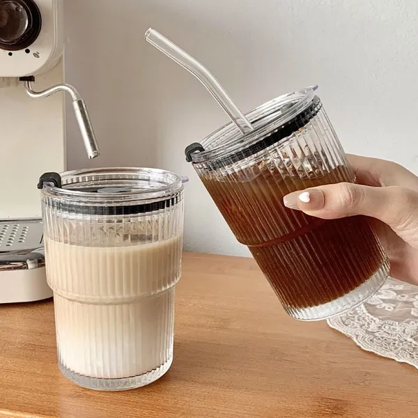 KELVEE_Glass_Water_Tumbler_with_Straw_and_Lid_Sealed_Carry_On_Thick_Wall_Iced_Coffee_Cup_Glass_Cup_for_Water,_Iced_Tea_Fruit_Juice_Set_of_1,_400ml_(Transparent)
