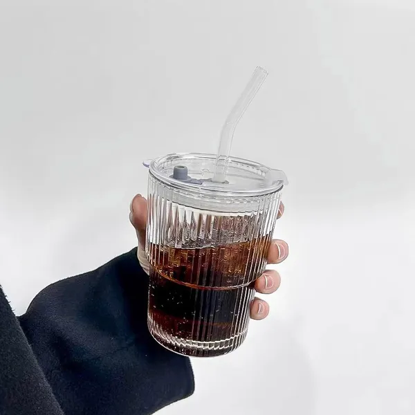 KELVEE_Glass_Water_Tumbler_with_Straw_and_Lid_Sealed_Carry_On_Thick_Wall_Iced_Coffee_Cup_Glass_Cup_for_Water,_Iced_Tea_Fruit_Juice_Set_of_1,_400ml_(Transparent)