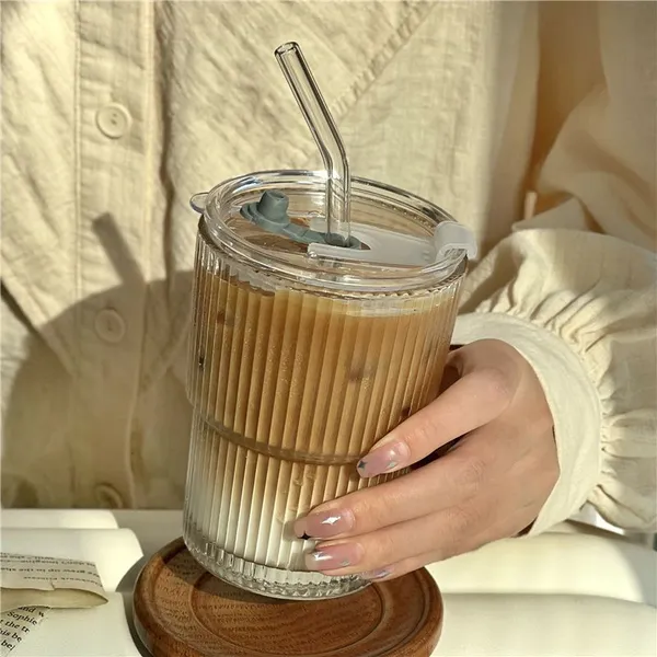 KELVEE_Glass_Water_Tumbler_with_Straw_and_Lid_Sealed_Carry_On_Thick_Wall_Iced_Coffee_Cup_Glass_Cup_for_Water,_Iced_Tea_Fruit_Juice_Set_of_1,_400ml_(Transparent)