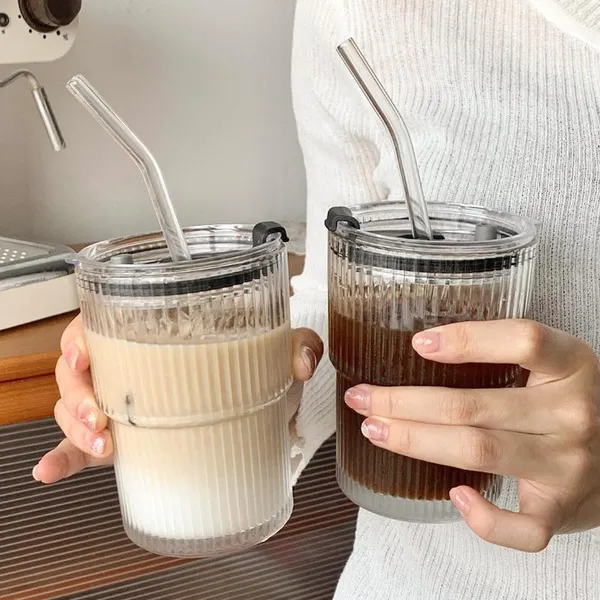 KELVEE_Glass_Water_Tumbler_with_Straw_and_Lid_Sealed_Carry_On_Thick_Wall_Iced_Coffee_Cup_Glass_Cup_for_Water,_Iced_Tea_Fruit_Juice_Set_of_1,_400ml_(Transparent)