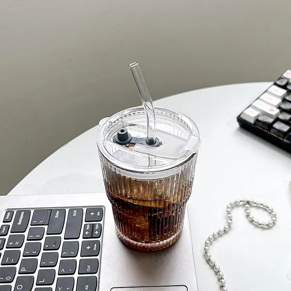 KELVEE_Glass_Water_Tumbler_with_Straw_and_Lid_Sealed_Carry_On_Thick_Wall_Iced_Coffee_Cup_Glass_Cup_for_Water,_Iced_Tea_Fruit_Juice_Set_of_1,_400ml_(Transparent)