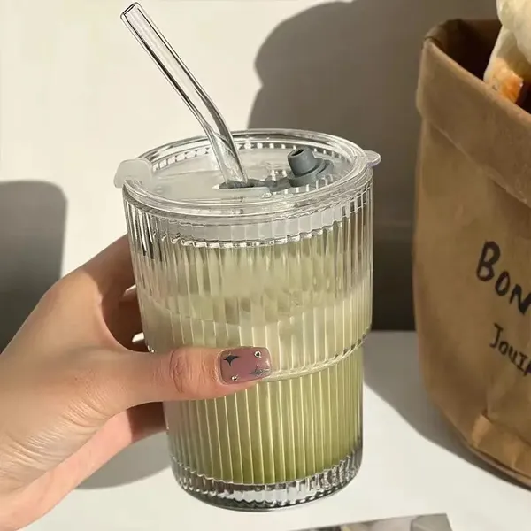 KELVEE_Glass_Water_Tumbler_with_Straw_and_Lid_Sealed_Carry_On_Thick_Wall_Iced_Coffee_Cup_Glass_Cup_for_Water,_Iced_Tea_Fruit_Juice_Set_of_1,_400ml_(Transparent)