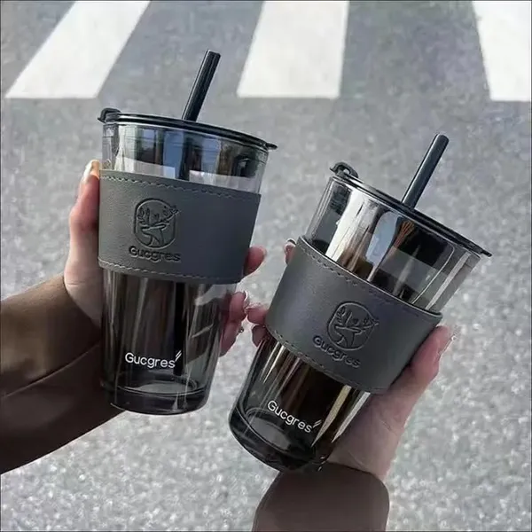 Glass_Tumblers_with_Straws_and_Lids,_Aesthetic_Coffee_Sipper_Mug_with_Leather_Sleeve(Black)