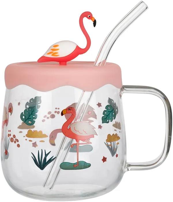 Flamingo_Printed_Glass_Milk_Cups_with_Silicone_Lid_and_Straw_Pack_of_1,Morning_Drinking_Sipper_Coffee_Mugs_with_Handle_Clear_Tumbler_500ml_for_Gift_Kids_Boys_Girls