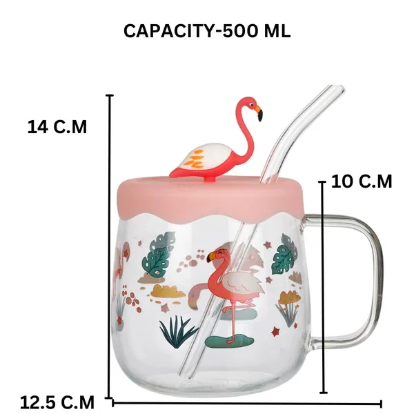 Flamingo_Printed_Glass_Milk_Cups_with_Silicone_Lid_and_Straw_Pack_of_1,Morning_Drinking_Sipper_Coffee_Mugs_with_Handle_Clear_Tumbler_500ml_for_Gift_Kids_Boys_Girls