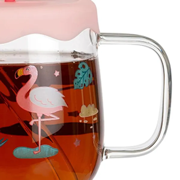 Flamingo_Printed_Glass_Milk_Cups_with_Silicone_Lid_and_Straw_Pack_of_1,Morning_Drinking_Sipper_Coffee_Mugs_with_Handle_Clear_Tumbler_500ml_for_Gift_Kids_Boys_Girls