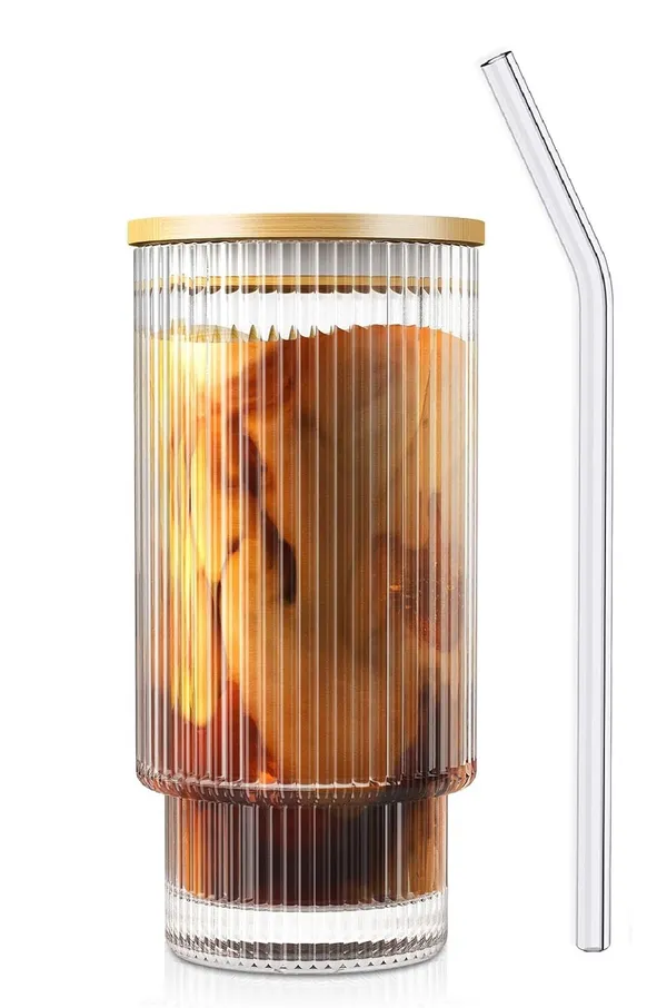 Ribbed_Drinking_Glasses_Tumbler_Set_of_1_with_Bamboo_Lids_and_Straws,_Clear_Fluted_Textured_Vertical_Stripe_Glass_Sipper_Iced_Coffee_Cups_for_Beer,_Cocktail,_Beverage_(Ribbed)