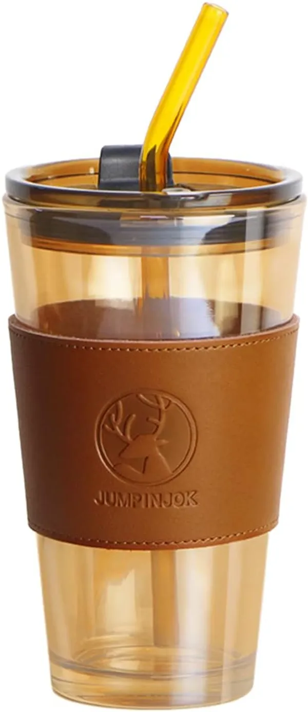 Glass_Tumblers_with_Straws_and_Lids,_Aesthetic_Coffee_Sipper_Mug_with_Leather_Sleeve,Glass_Drinking_Mason_for_Iced_Tea,_Juice,_Cocktail,_Cold_&_Hot_Beverages_Cups_Pack_of_1_(Golden)