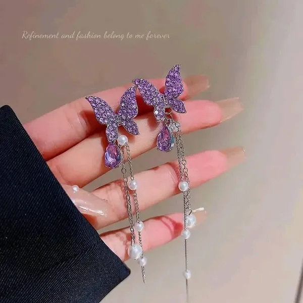 Korean_High-quality_crystal_purple/dazzling_white_butterfly_sparkling_long_earring_For_Women_For_Women_And_Girls