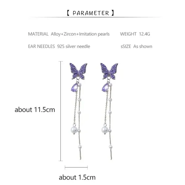 Korean_High-quality_crystal_purple/dazzling_white_butterfly_sparkling_long_earring_For_Women_For_Women_And_Girls