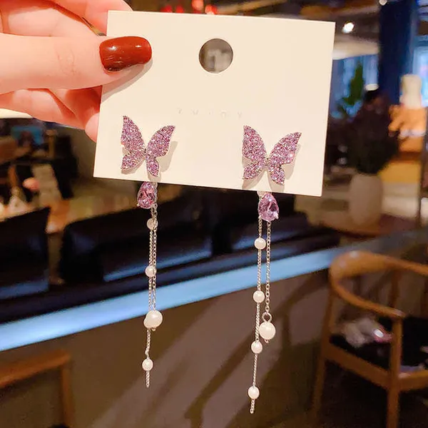 Korean_High-quality_crystal_purple/dazzling_white_butterfly_sparkling_long_earring_For_Women_For_Women_And_Girls