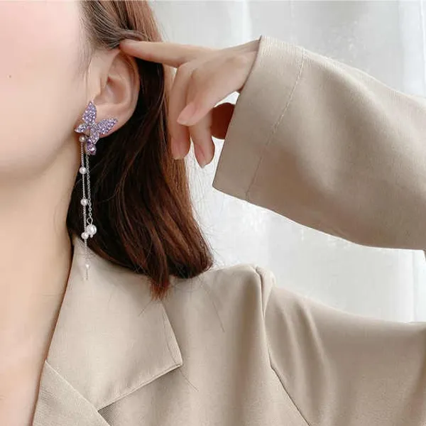 Korean_High-quality_crystal_purple/dazzling_white_butterfly_sparkling_long_earring_For_Women_For_Women_And_Girls